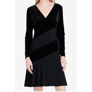 LAUREN Ralph Lauren Black Velvet Cocktail Dress V-Neck Diagonal Stripe women's 8